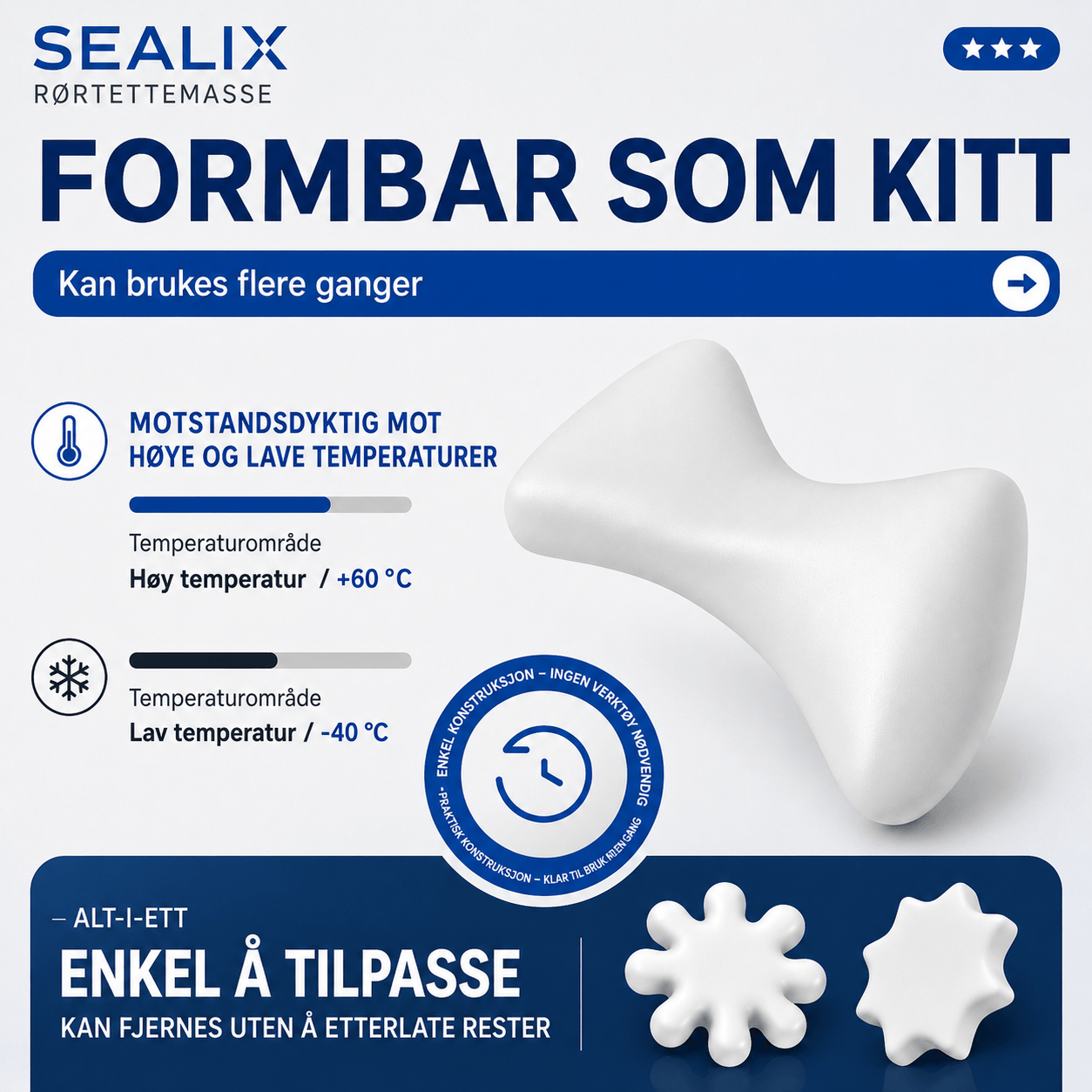 Sealix - 6 pakke — Vanntett tetningsleire — hurtigvirkende reparasjonsmasse  til hull i klimaanlegg, avløpsrør og sprekker i vegger