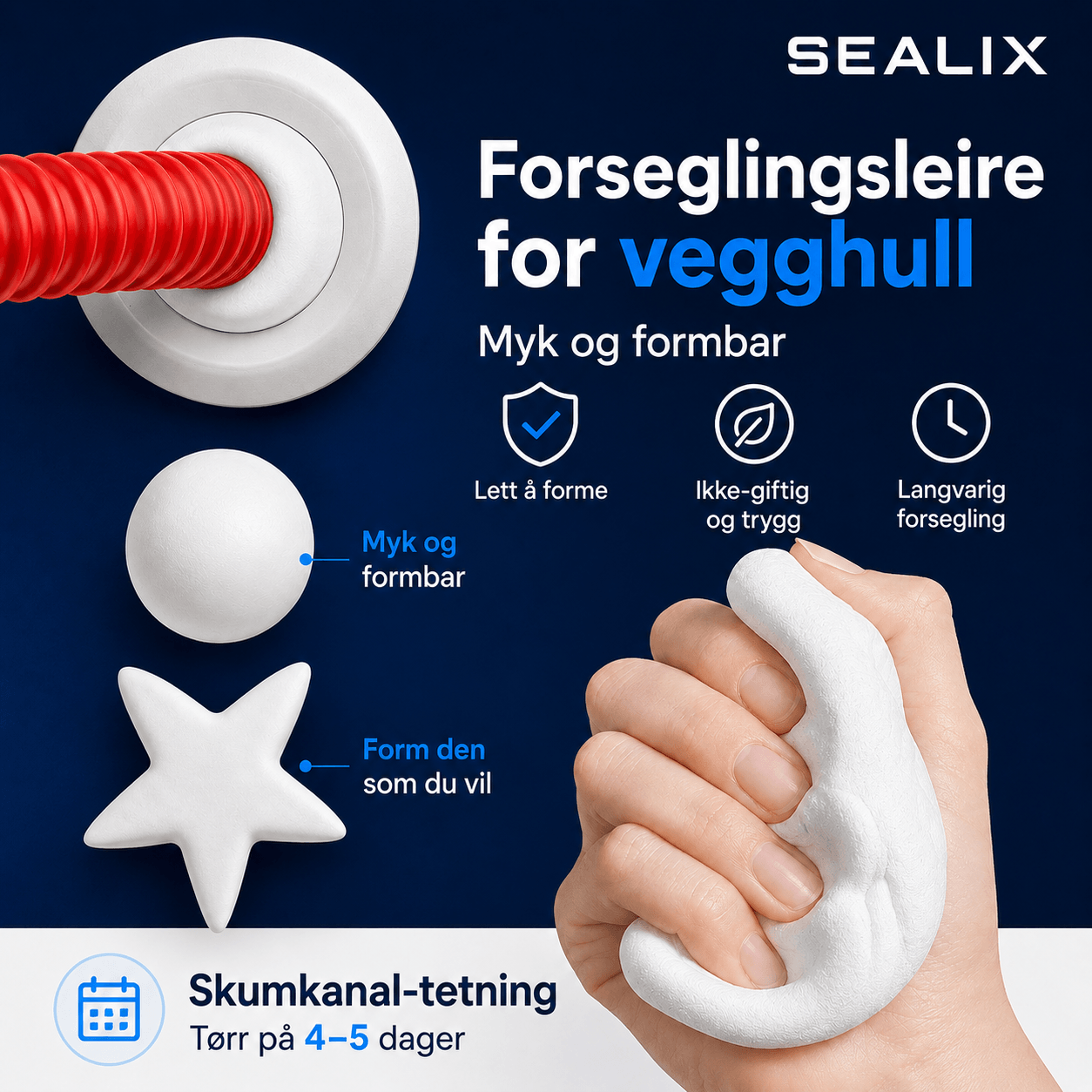 Sealix - 6 pakke — Vanntett tetningsleire — hurtigvirkende reparasjonsmasse  til hull i klimaanlegg, avløpsrør og sprekker i vegger