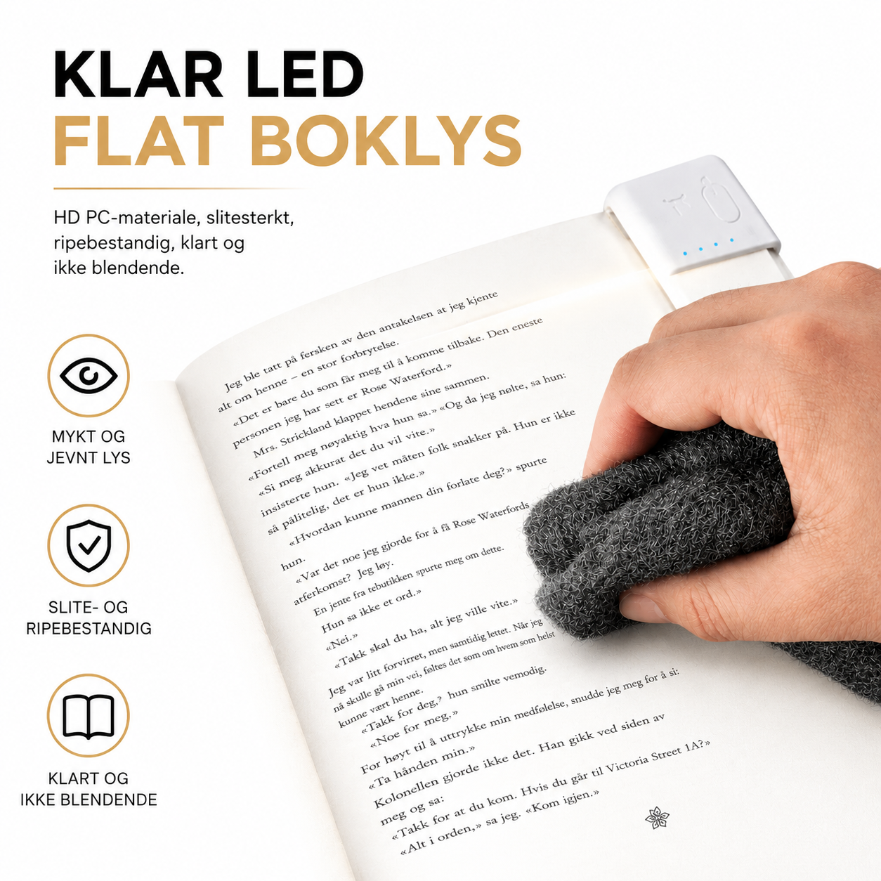 LeseLys™ - Boklampe, Oppladbar Klar LED Flat Leselampe