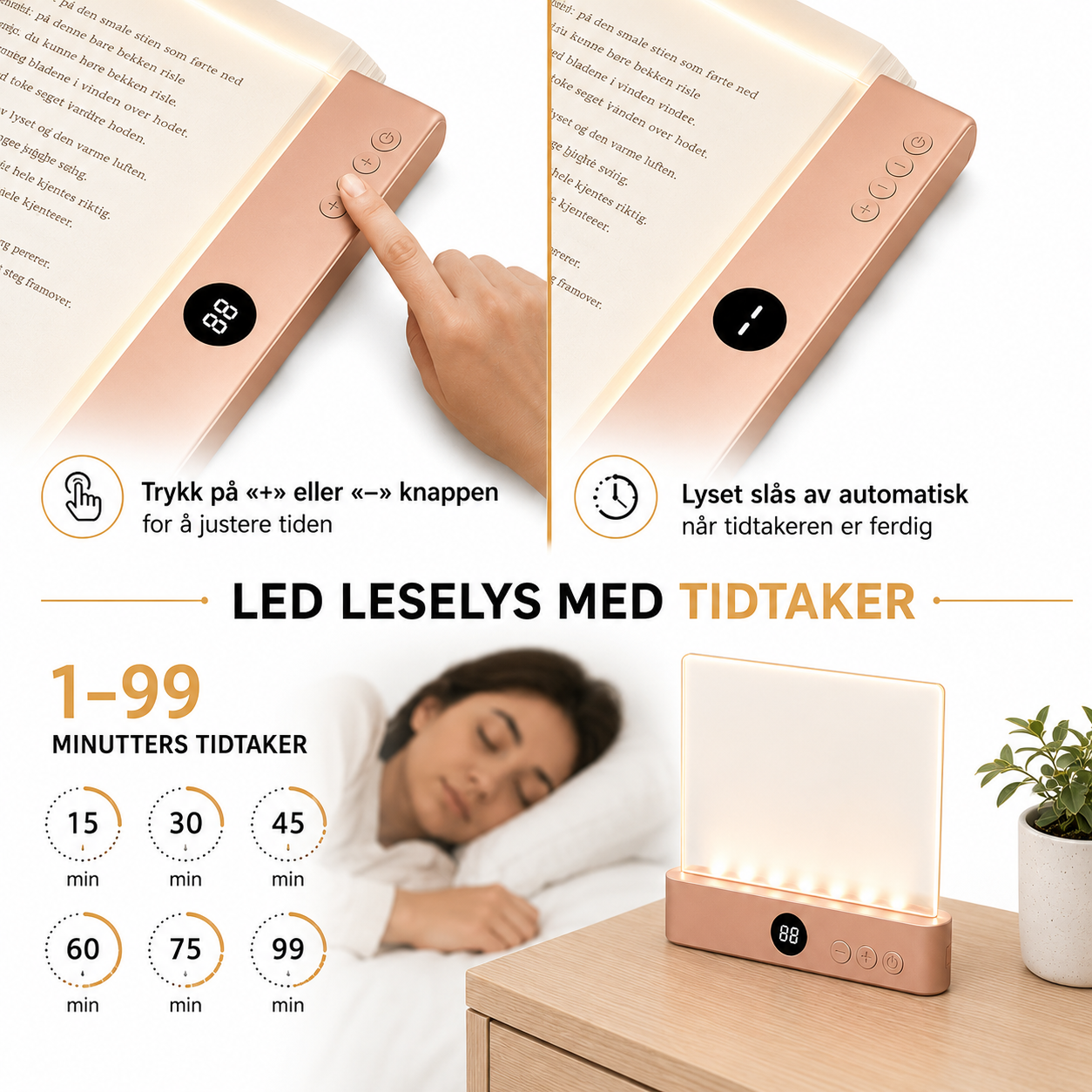 LeseLys™ - Boklampe, Oppladbar Klar LED Flat Leselampe