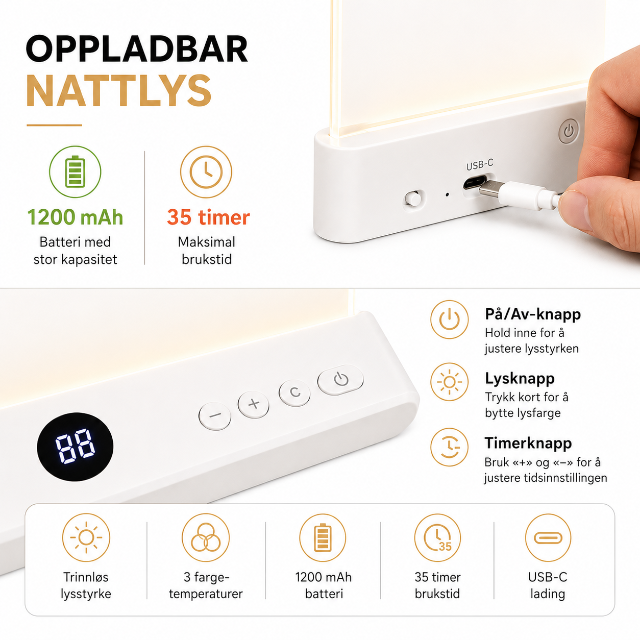 LeseLys™ - Boklampe, Oppladbar Klar LED Flat Leselampe