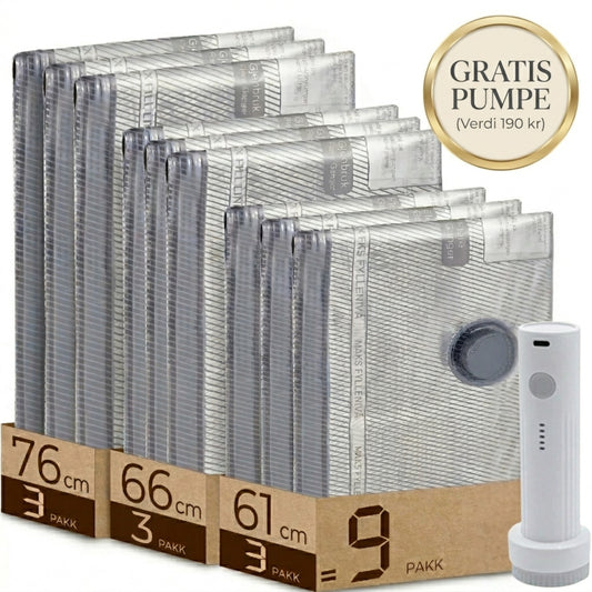 TurboVac 2.0 - 9 vakuumposer + GRATIS oppladbar pumpe – perfekt for reise